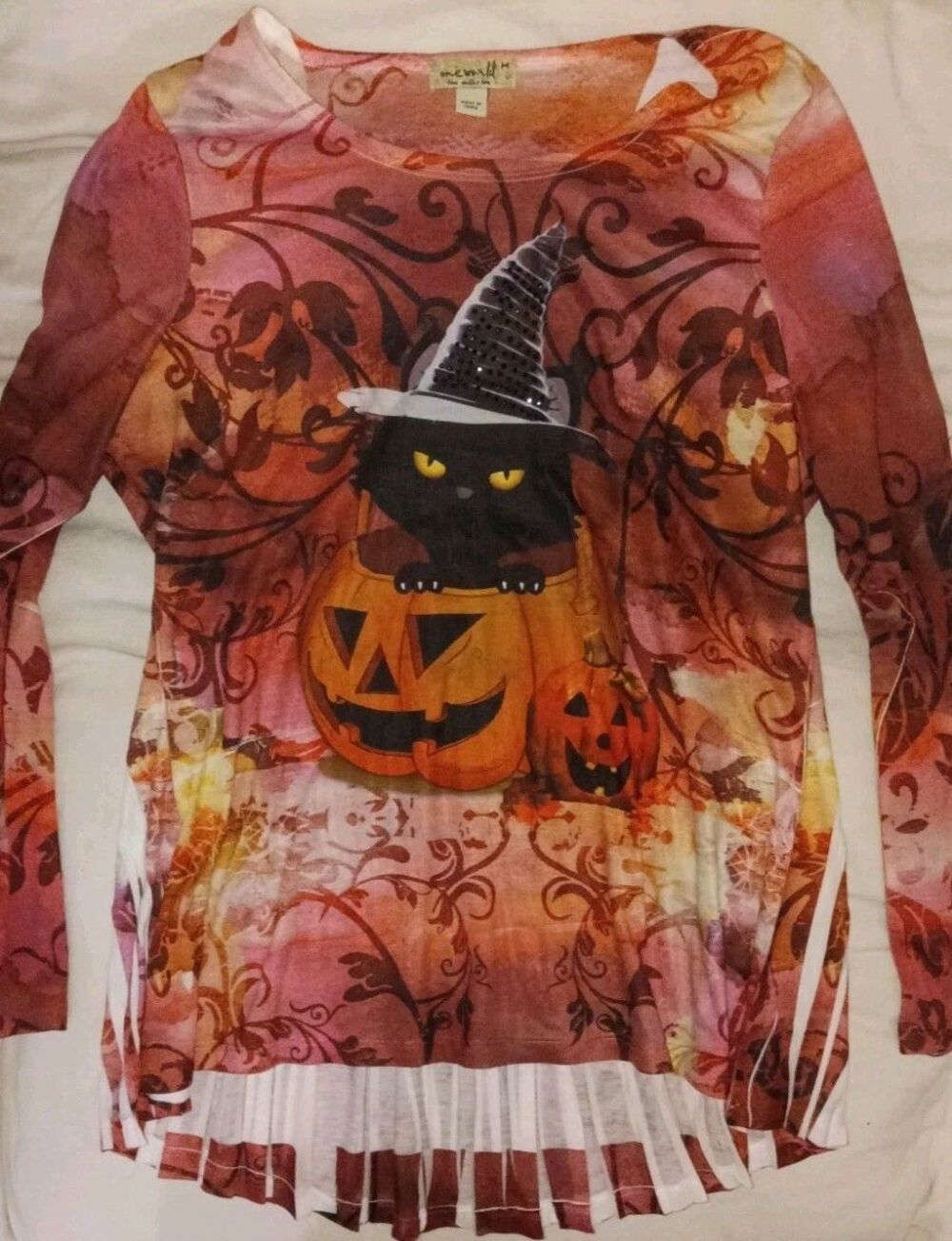 One World Womens Medium Halloween Black Cat Witch Hat Pumpkin Shirt Long Sleeve